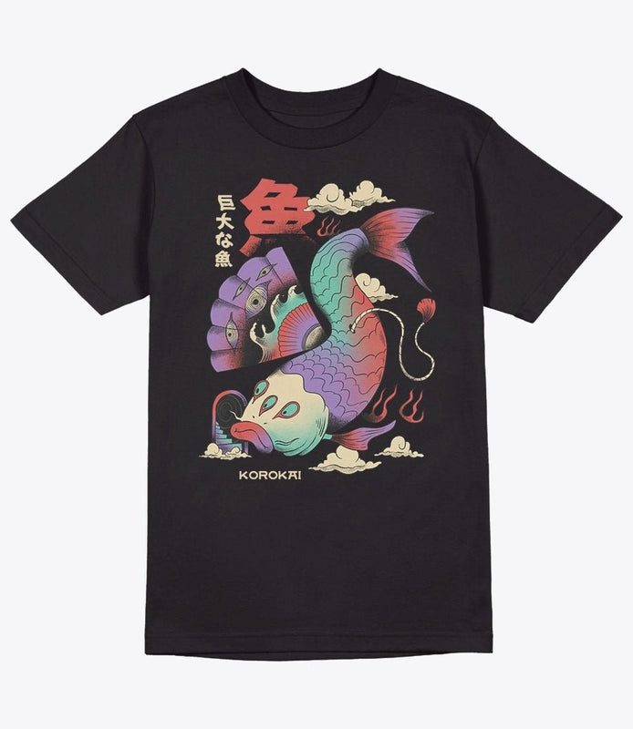 Psychedelic koi fish black t-shirt